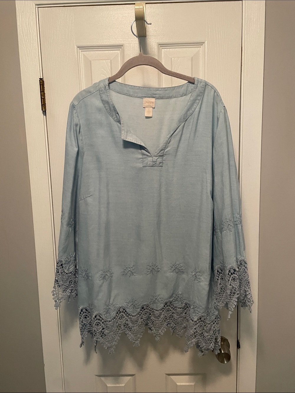 Chico's Pale Blue Lace-Trim Tunic Top